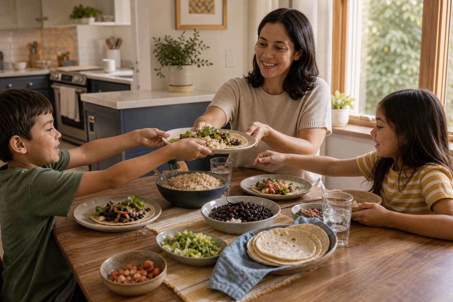 A family shares bowls of dinner together at a weeknight table.