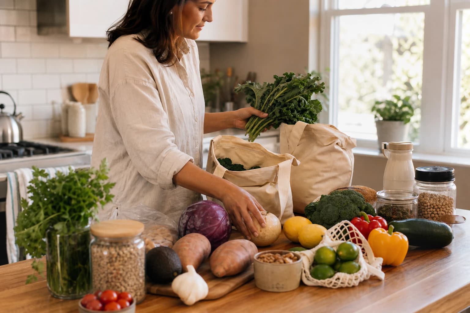 Groceries and produce unpacked on a kitchen counter.