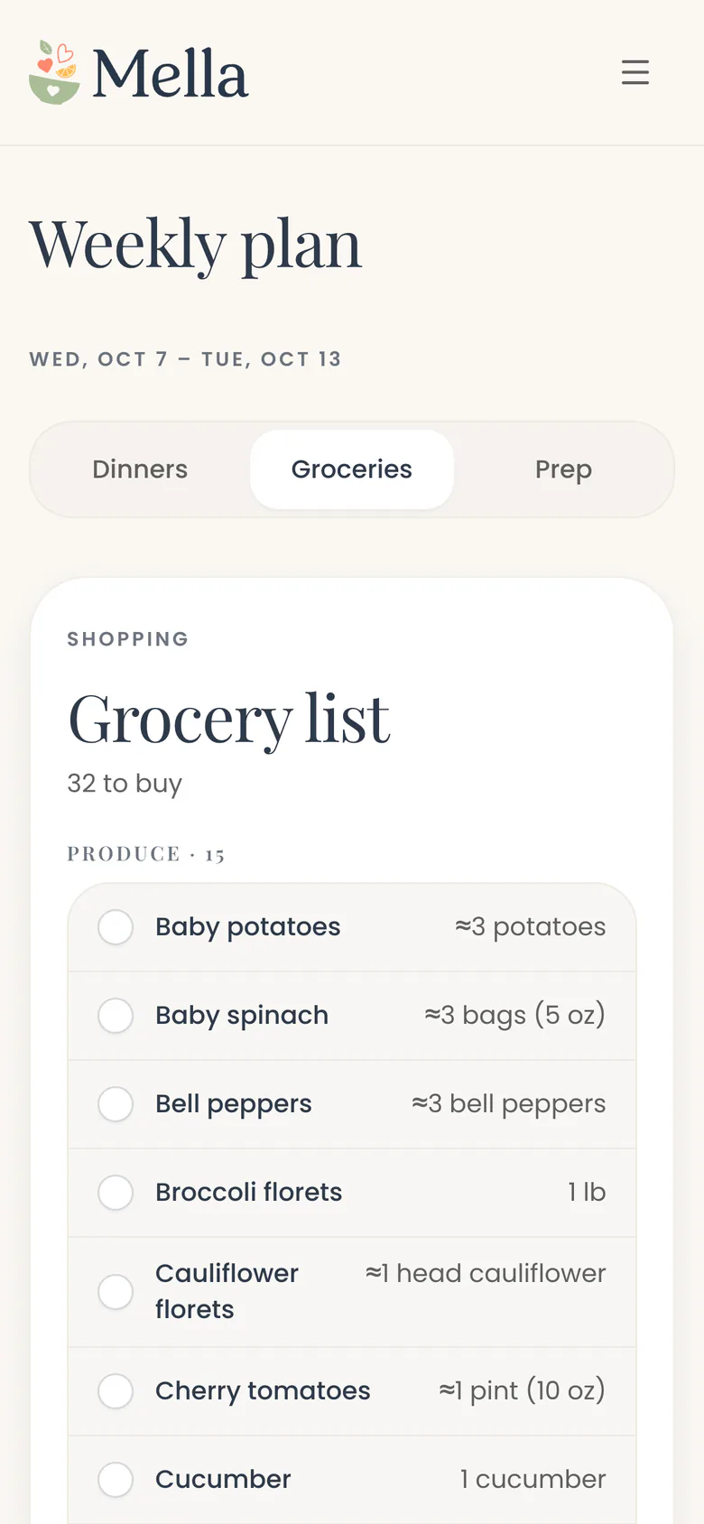 Mella's grocery list, 32 to buy. Produce, 15 items, starting with baby potatoes, baby spinach, bell peppers, broccoli florets, cauliflower florets, cherry tomatoes and cucumber.