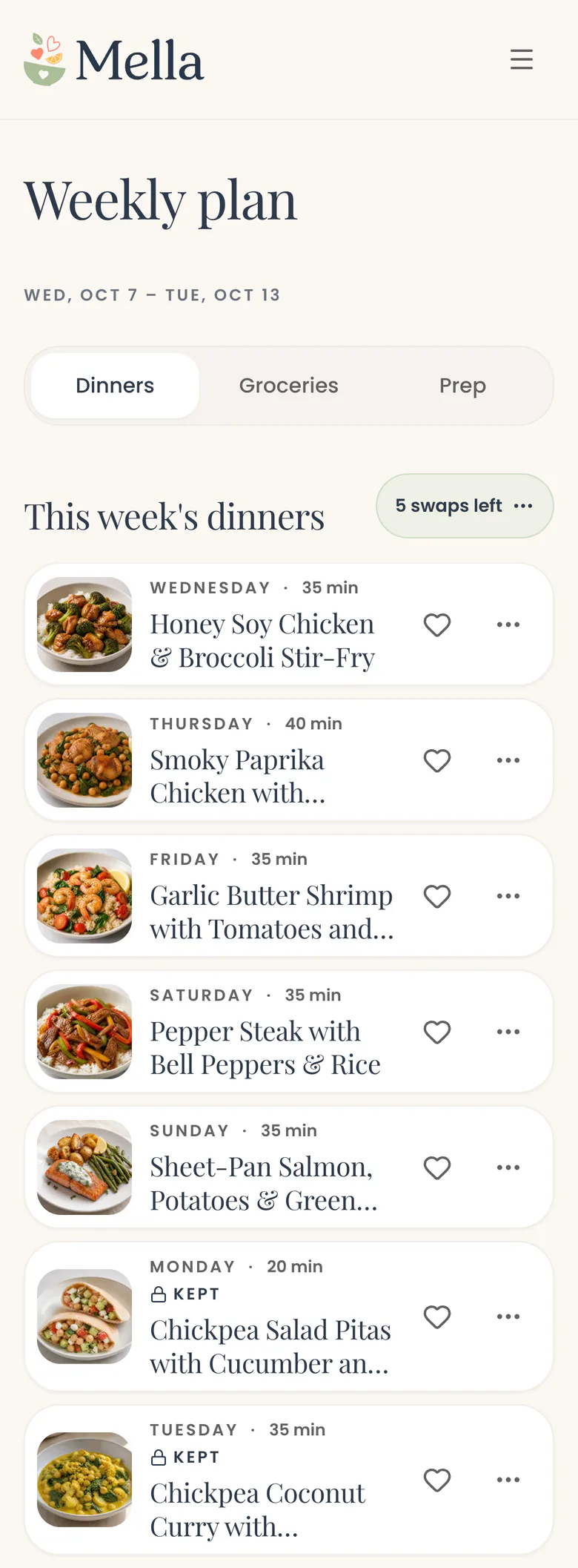 Mella's Dinners tab for Wed, Oct 7 – Tue, Oct 13, with 5 swaps left. Wednesday: Honey Soy Chicken & Broccoli Stir-Fry. Thursday: Smoky Paprika Chicken. Friday: Garlic Butter Shrimp with Tomatoes. Saturday: Pepper Steak with Bell Peppers & Rice. Sunday: Sheet-Pan Salmon, Potatoes & Green Beans. Monday, kept: Chickpea Salad Pitas. Tuesday, kept: Chickpea Coconut Curry.